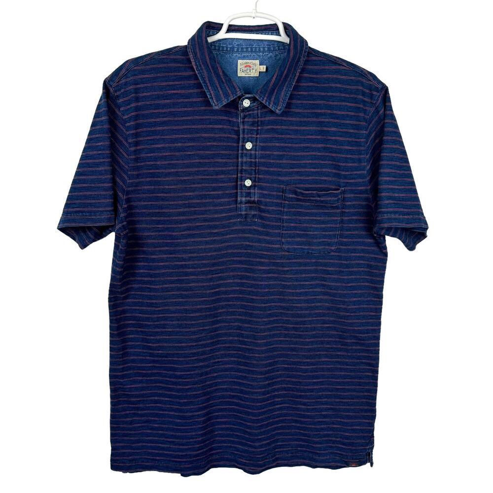 Men's Faherty Indigo Dyed Polo Striped Short Sleeve Cotton Casual Shirt sz Large
